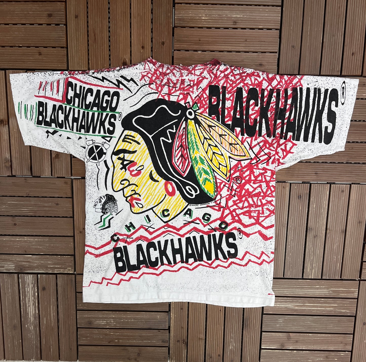 Chicago Blackhawks All Over Print Graphic Tee | Size X-Large | Vintage 1990s NHL Hockey White T-Shirt |