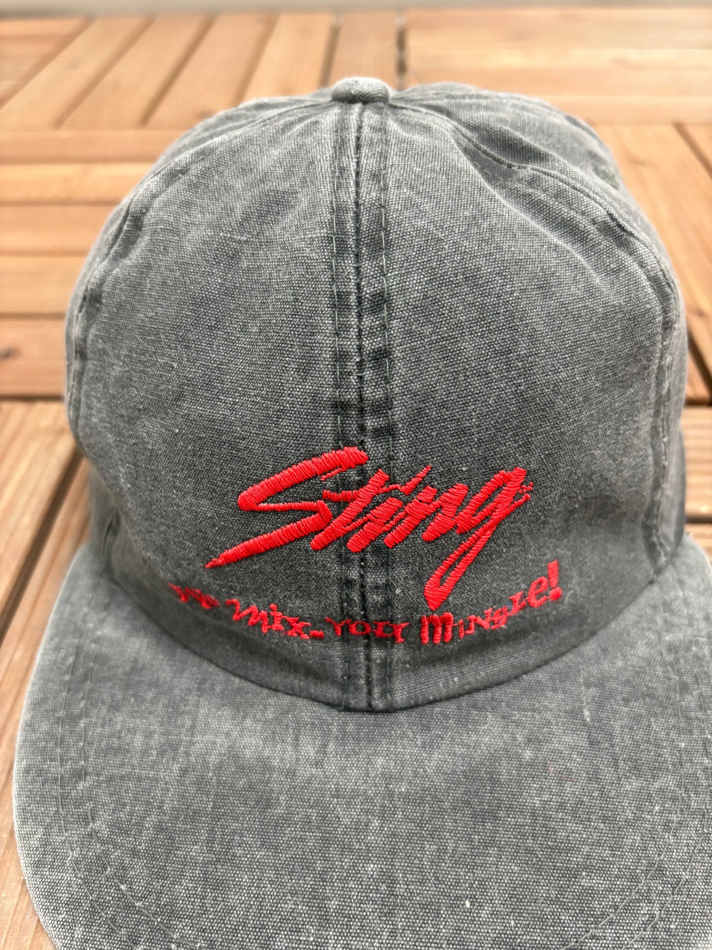 Sting We Mix, You Mingle! Graphic Hat | Metal Clasp | Vintage 1990s Alcohol Promotional Grey Cap |