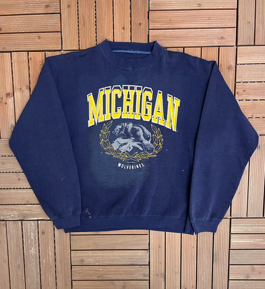 Michigan Wolverines Graphic Crewneck | Size Large | Vintage 1990s College Sports Blue Sweater |