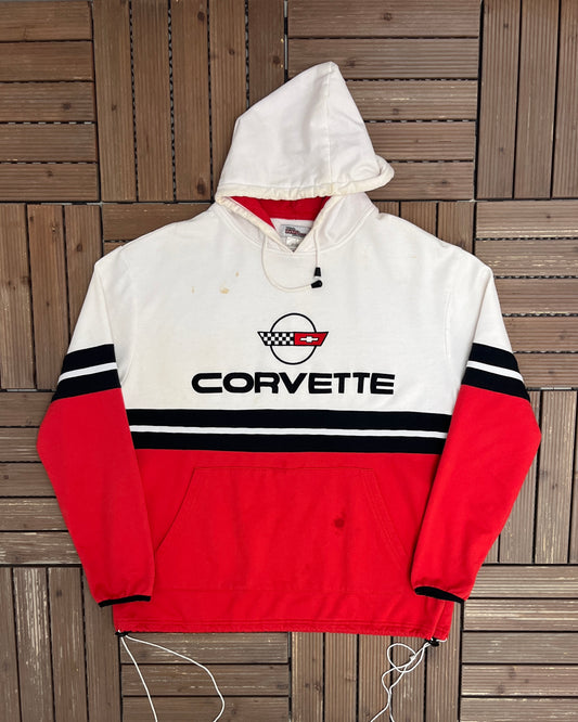 Corvette Stitched Graphic Hoodie | Size Large | Vintage 1990s Promotional White Sweater |