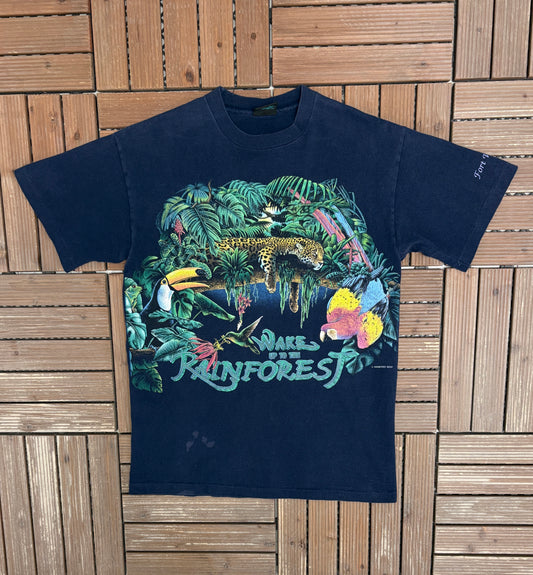 Wake Up To The Rainforest Graphic Tee | Size Medium | Vintage 1990s Animals Blue T-Shirt |