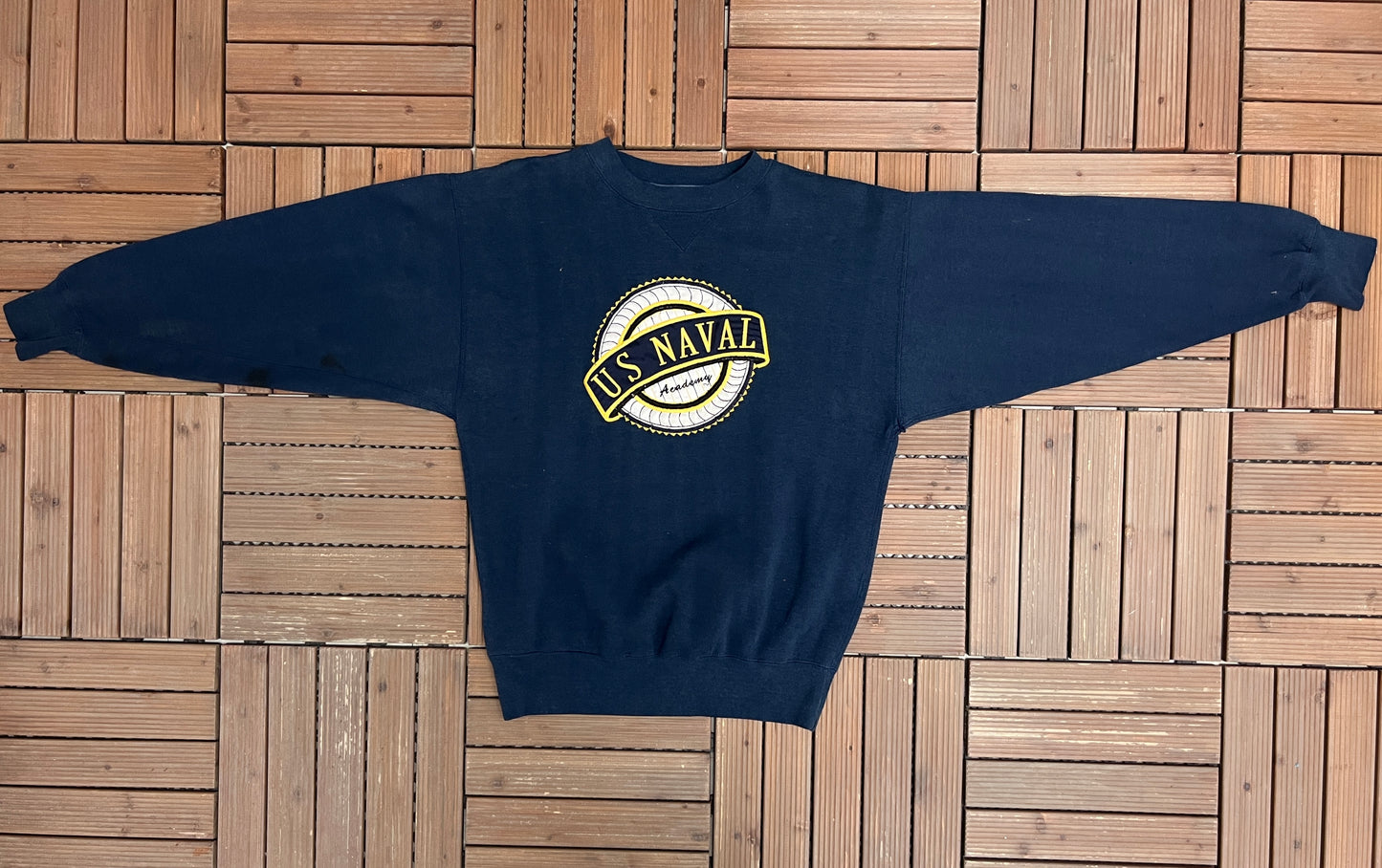 United States Naval Academy Stitched Graphic Crewneck | Size Medium | Vintage 1990s Promotional Blue Sweater |