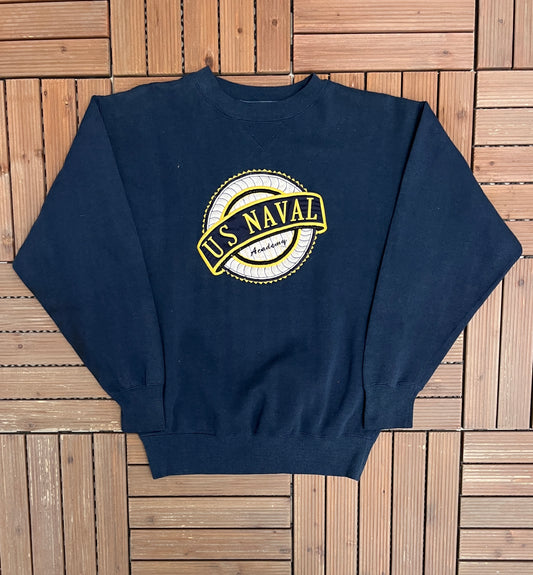 United States Naval Academy Stitched Graphic Crewneck | Size Medium | Vintage 1990s Promotional Blue Sweater |