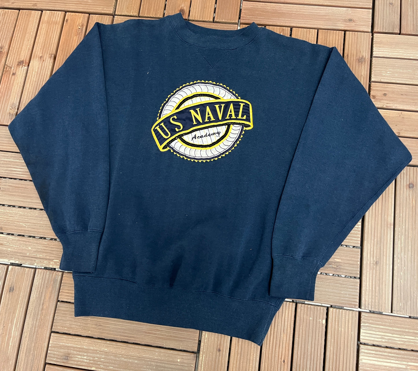 United States Naval Academy Stitched Graphic Crewneck | Size Medium | Vintage 1990s Promotional Blue Sweater |