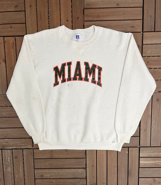 Miami Hurricanes Graphic Crewneck | Size Large | Vintage 1990s Russell Athletic College Sports White Sweater |