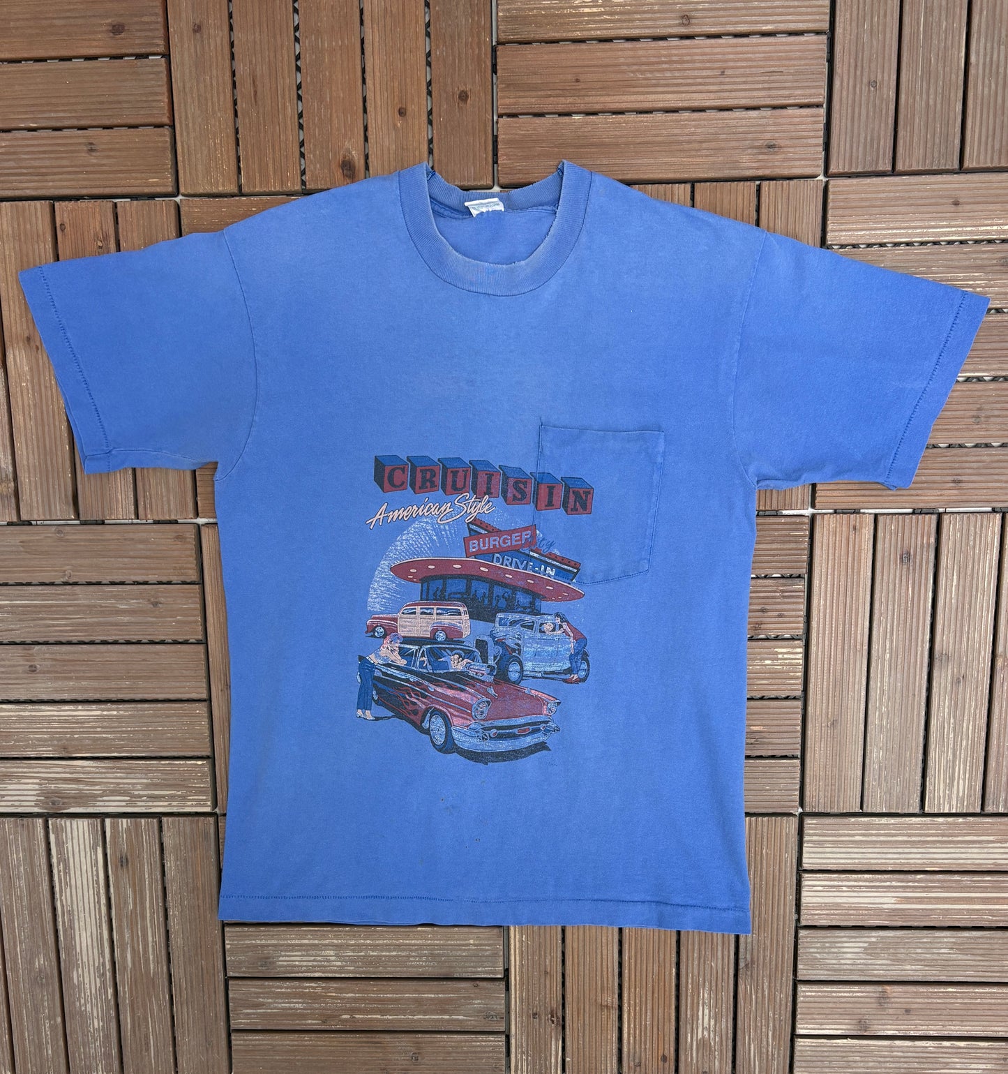 Cruisin' American Style Graphic Tee | Size Large | Vintage 1990s Promotional Blue T-Shirt |