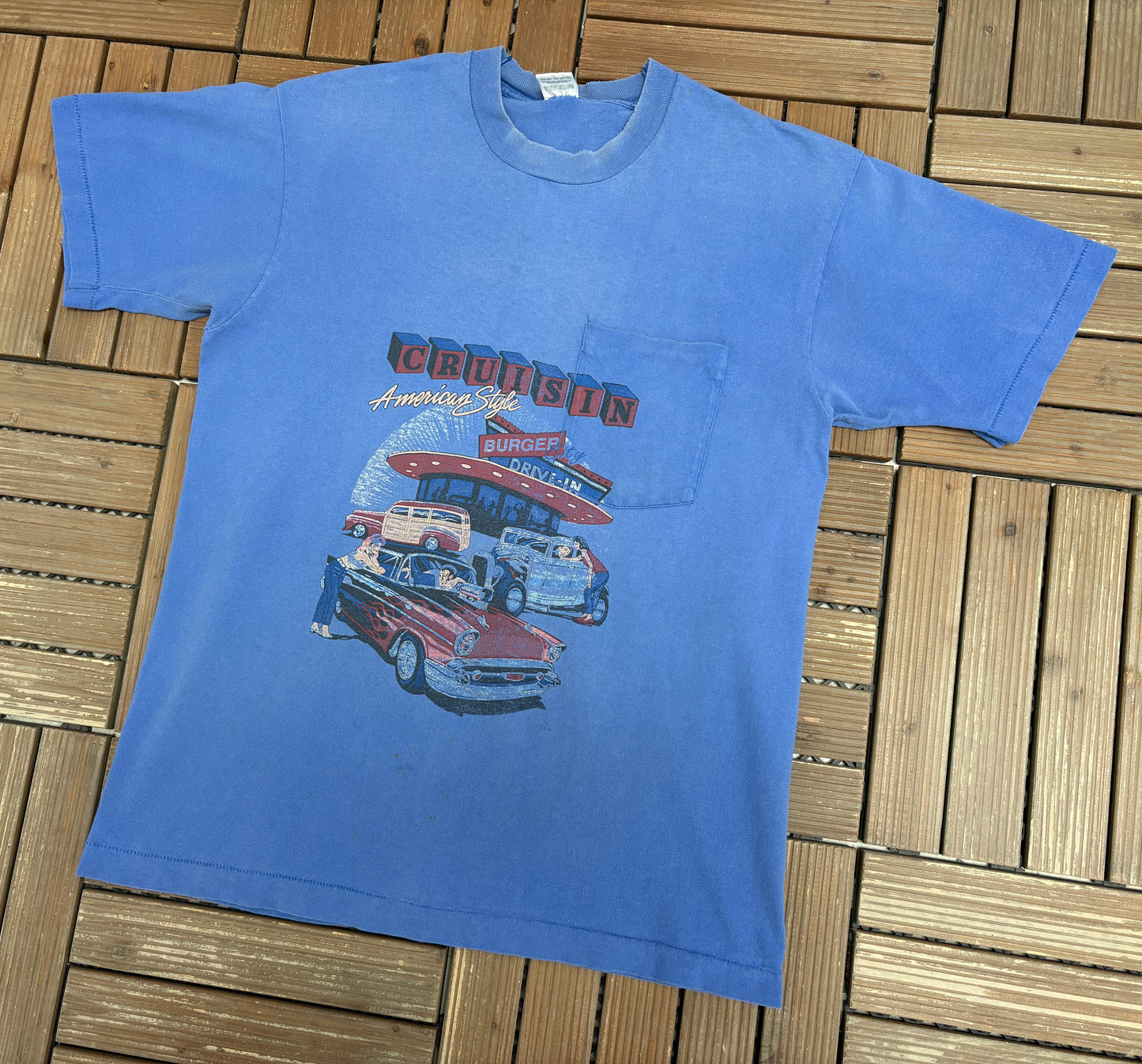 Cruisin' American Style Graphic Tee | Size Large | Vintage 1990s Promotional Blue T-Shirt |
