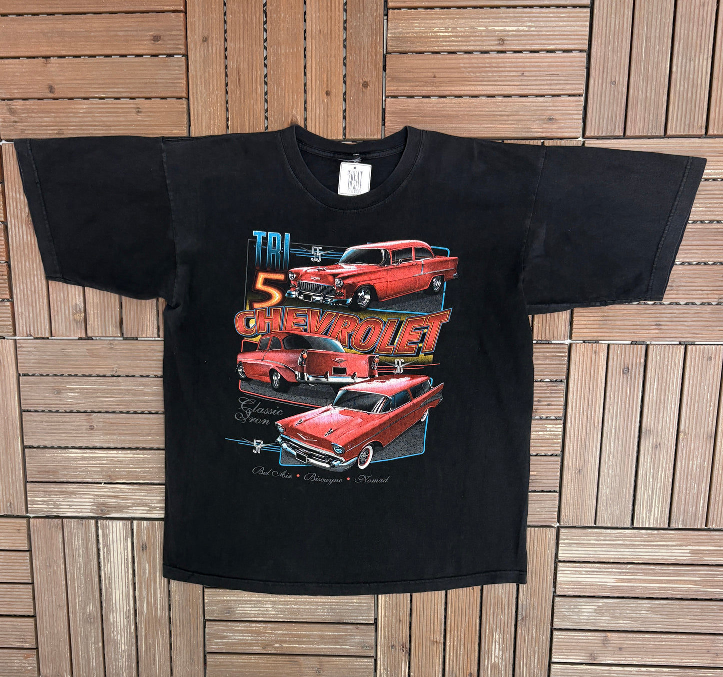 Chevrolet Tri-Five Graphic Tee | Size XX-Large | Vintage 2000s Muscle Car Promotional Black T-Shirt |
