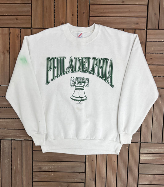 Philadelphia Liberty Bell Graphic Sweater | Size Large | Vintage 1990s Tourist White Sweater |