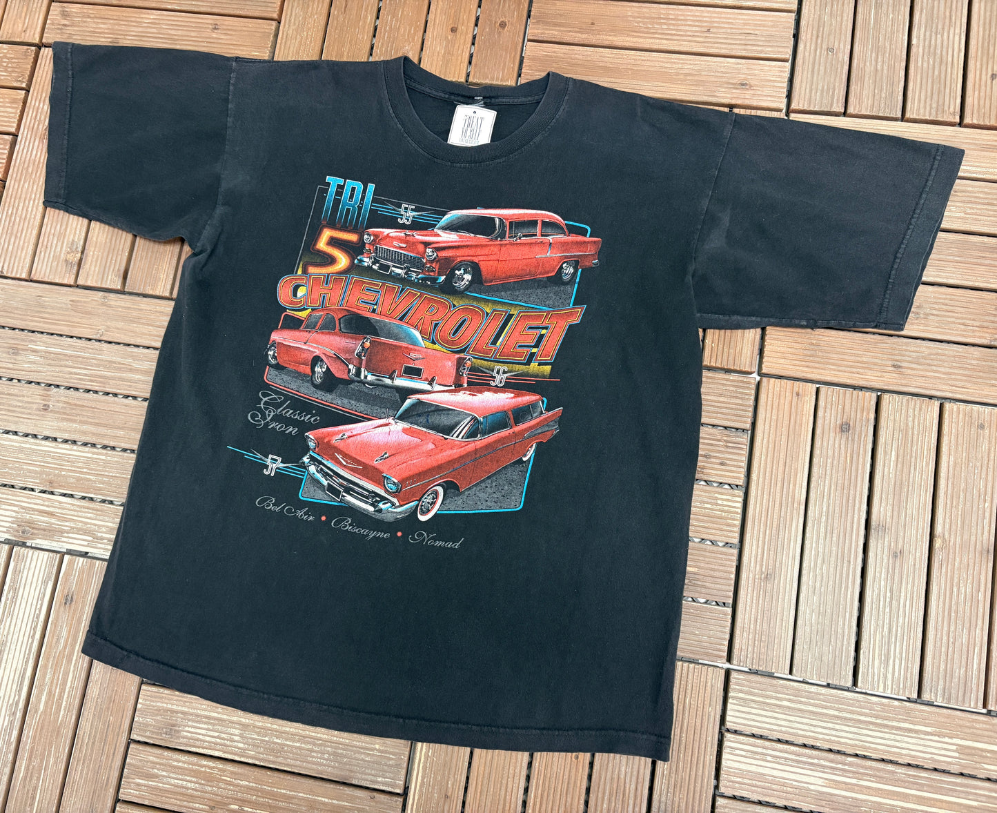 Chevrolet Tri-Five Graphic Tee | Size XX-Large | Vintage 2000s Muscle Car Promotional Black T-Shirt |