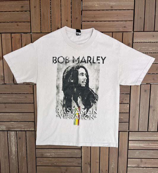 Bob Marley Rastaman Vibration Graphic Tee | Size Large | Vintage 2000s Promotional Reggae Music Beige T-Shirt |