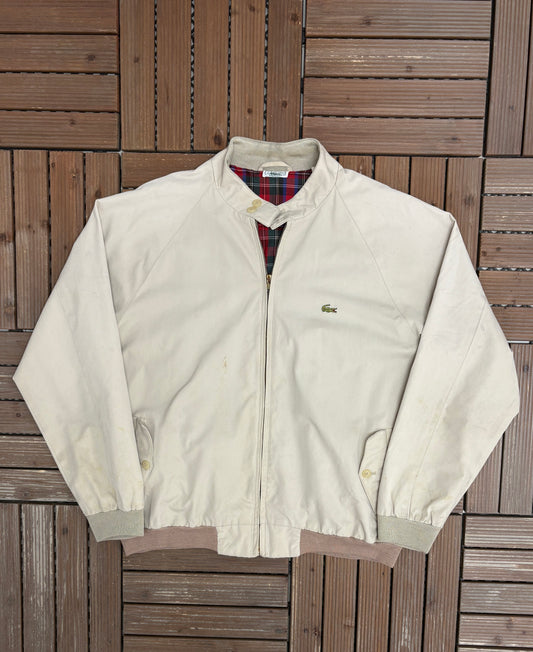 Lacoste Stitched Graphic Jacket | Size Large | Vintage 2000s Beige Branded Coat |