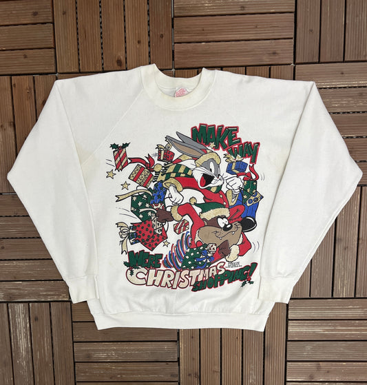 Bugs Bunny & Taz We're Christmas Shopping Graphic Crewneck | Size X-Large | Vintage 1990s Cartoon White Sweater |