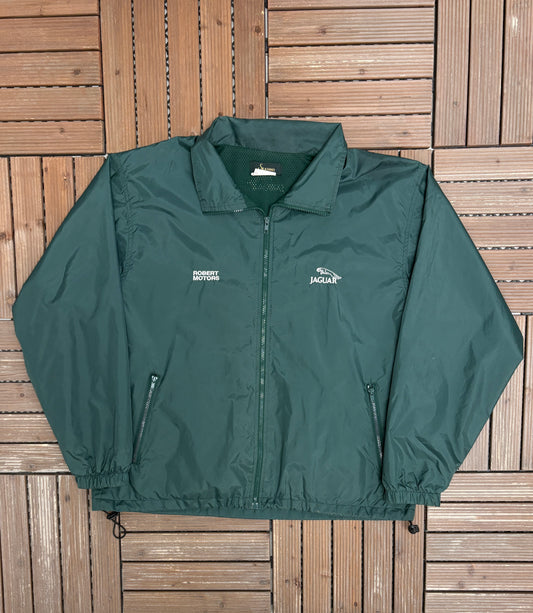 Jaguar Robert Motors Graphic Windbreaker | Size X-Large | Vintage 1990s Promotional Green Light Jacket |