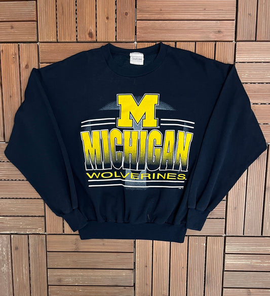 Michigan Wolverines Graphic Crewneck | Size Medium | Vintage 1990s College Sports Blue Sweater |