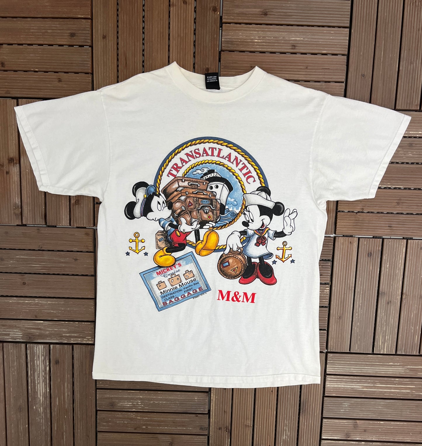 Mickey & Minnie Mouse Transatlantic Graphic Tee | Size X-Large | Vintage 1990s Cartoon Promotional White T-Shirt |