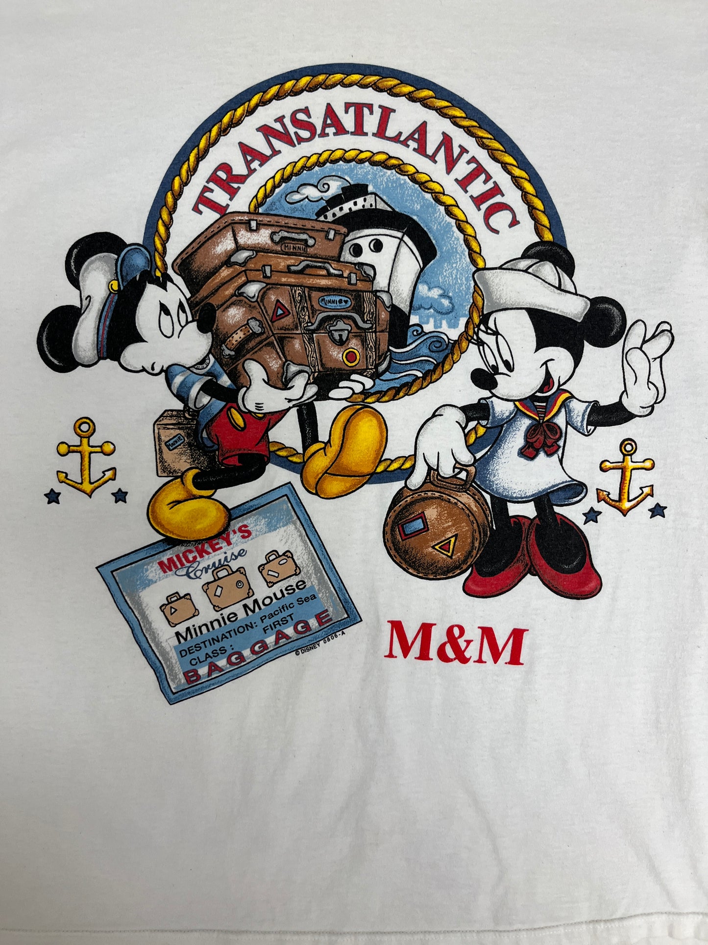 Mickey & Minnie Mouse Transatlantic Graphic Tee | Size X-Large | Vintage 1990s Cartoon Promotional White T-Shirt |