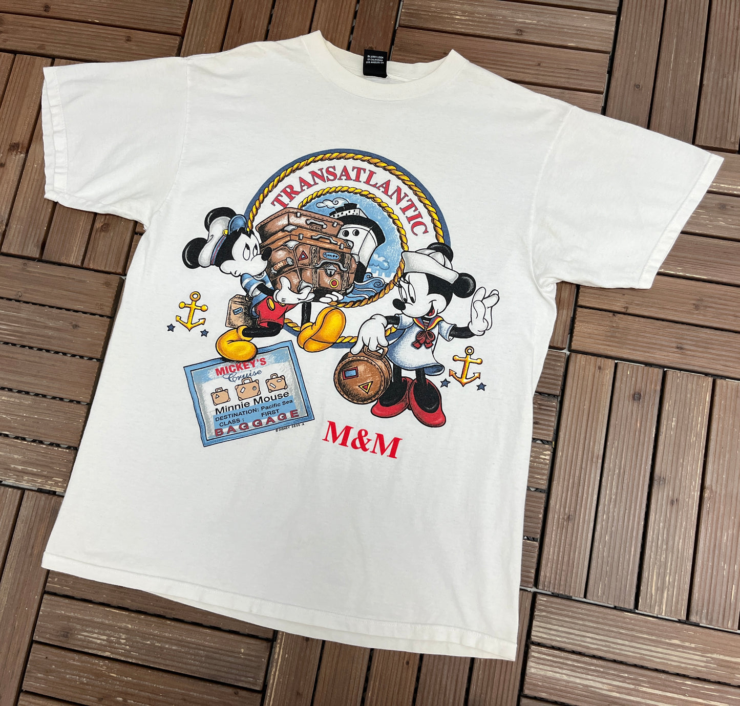 Mickey & Minnie Mouse Transatlantic Graphic Tee | Size X-Large | Vintage 1990s Cartoon Promotional White T-Shirt |