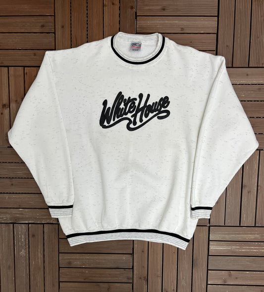 White House Graphic Crewneck | Size XX-Large | Vintage 1990s Promotional Speckled White Sweater |