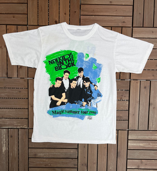 New Kids On The Block Magic Summer Tour 1990 Graphic Tee | Size Medium | Vintage 1990s Boy Band White T-Shirt |