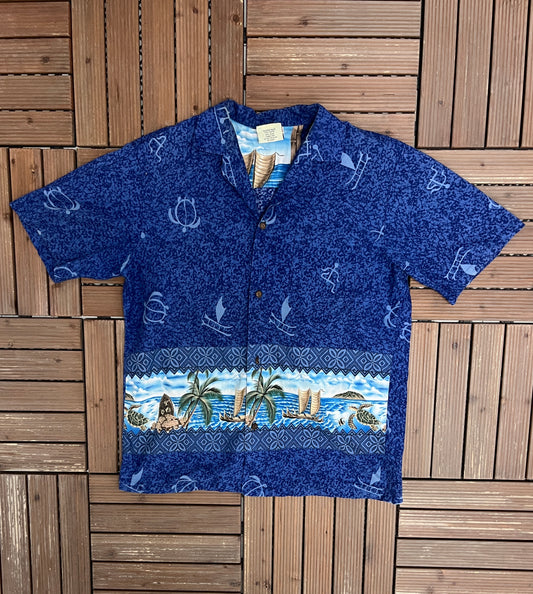 Hawaii Oceans Graphic Hawaiian Shirt | Size Large | Vintage 1990s Scenic Hawaiian Shirt |