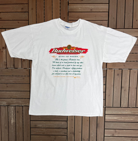 Budweiser King Of Beers Graphic Tee | Size X-Large | Vintage 1990s Alcohol Promotional White T-Shirt |