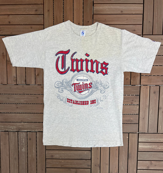 Minnesota Twins Graphic Tee | Size Large | Vintage 1990s Made in USA MLB Baseball Grey T-Shirt |