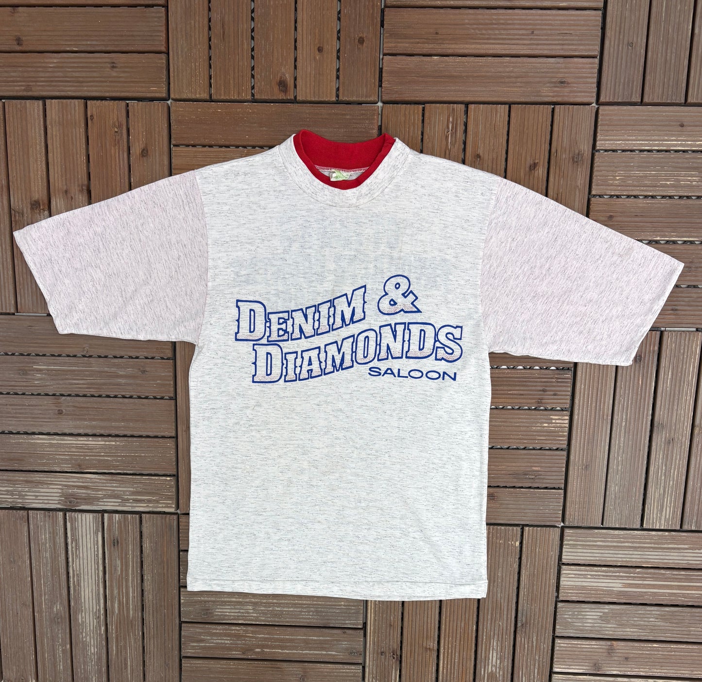 Denim & Diamonds Saloon Graphic Tee | Size Medium | Vintage 1990s Promotional Grey T-Shirt |