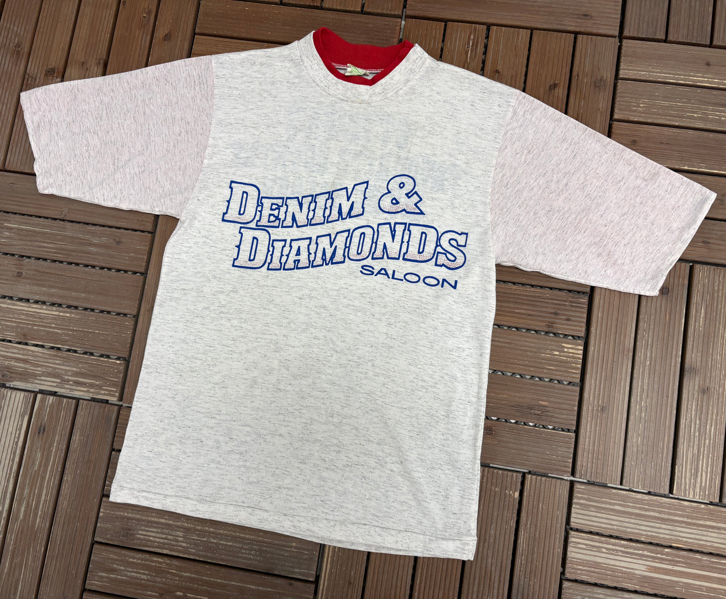 Denim & Diamonds Saloon Graphic Tee | Size Medium | Vintage 1990s Promotional Grey T-Shirt |