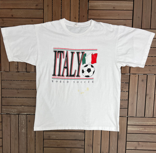 Italy World Soccer Graphic Tee | Size XX-Large | Vintage 1990s Soccer Football White T-Shirt |