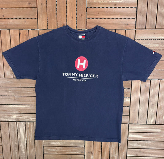 Tommy Hilfiger Est. 1985 Graphic Tee | Size X-Large | Vintage 1990s Branded Blue T-Shirt |