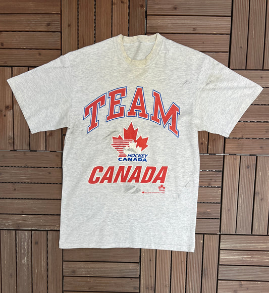 Team Canada Hockey Graphic Tee | Size Large | Vintage 1990s Hockey Grey T-Shirt |