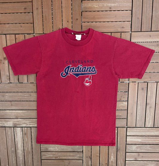 Cleveland Indians Embroidered Graphic Tee | Size Large | Vintage 1990s MLB Baseball Red T-Shirt |