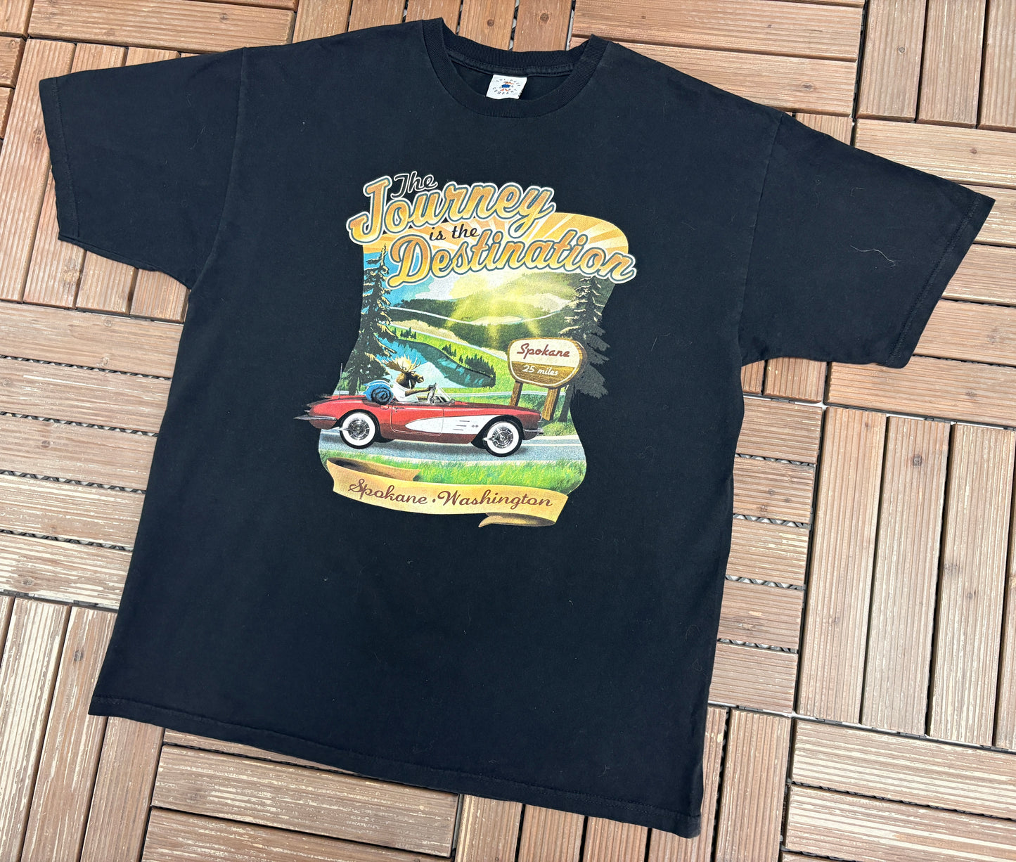 The Journey Is The Destination Spokane, Washington Graphic Tee | Size X-Large | Vintage 2000s Tourist Black T-Shirt |