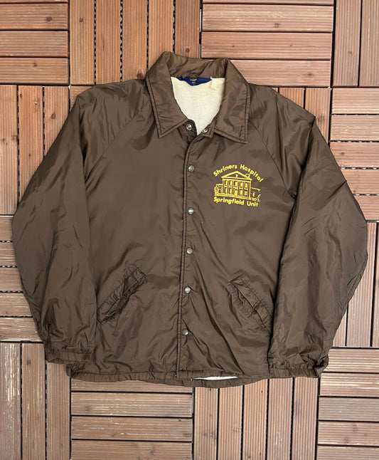 Shriners Hospital Springfield Unit Graphic Jacket | Size Large | Vintage 1990s Brown Promotional Coat |