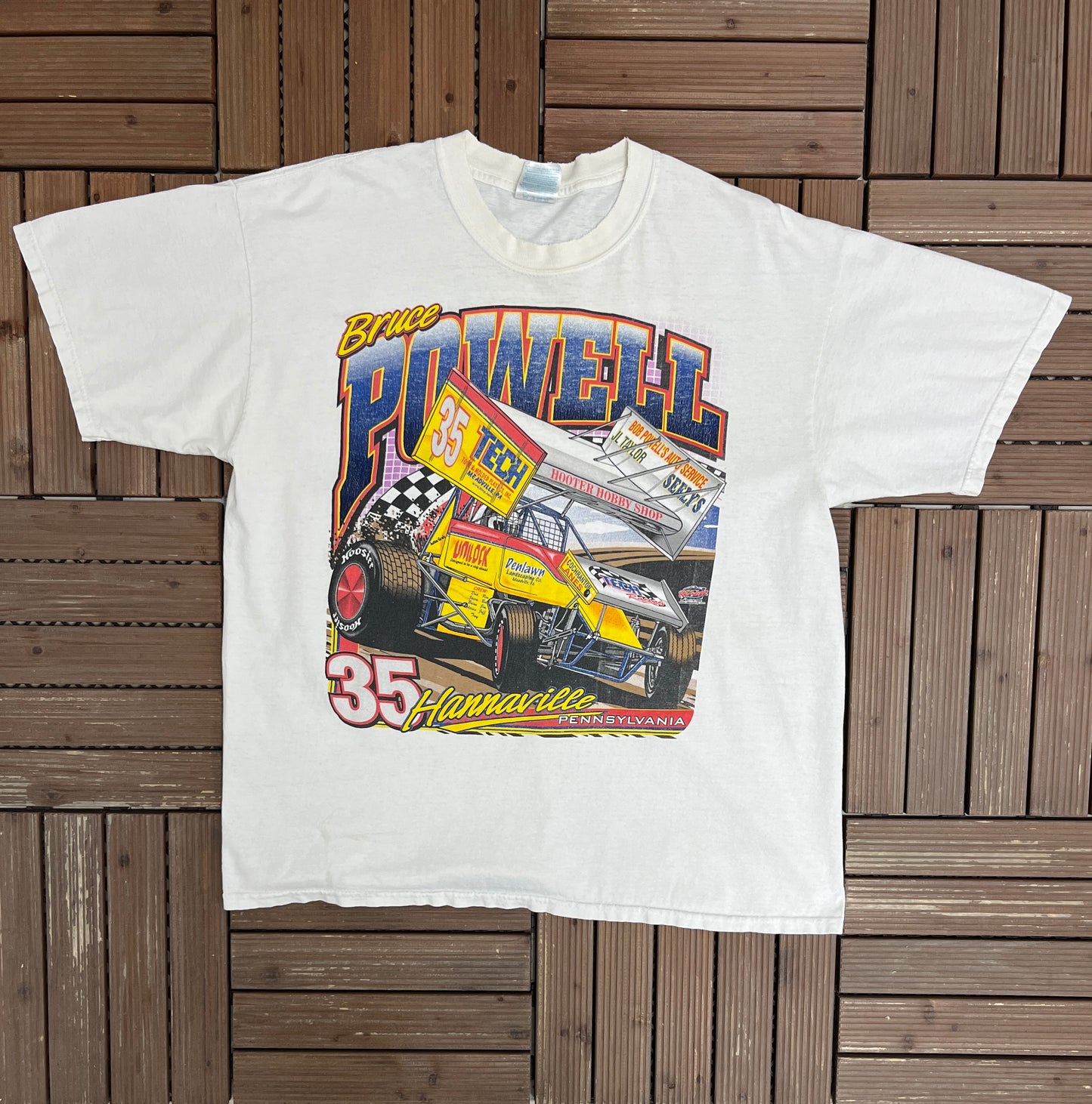 Bruce Powell Tech Racing Graphic Tee | Size X-Large | Vintage 2000s Racing White T-Shirt |