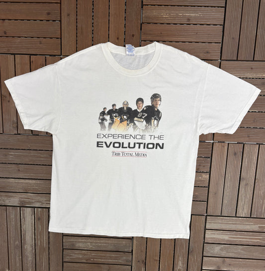 Pittsburgh Penguins Experience The Evolution Graphic Tee | Size X-Large | Vintage 2000s NHL Hockey White T-Shirt |