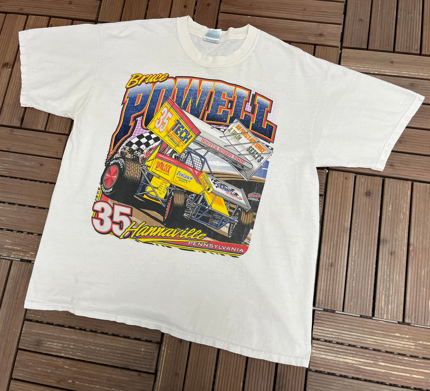 Bruce Powell Tech Racing Graphic Tee | Size X-Large | Vintage 2000s Racing White T-Shirt |