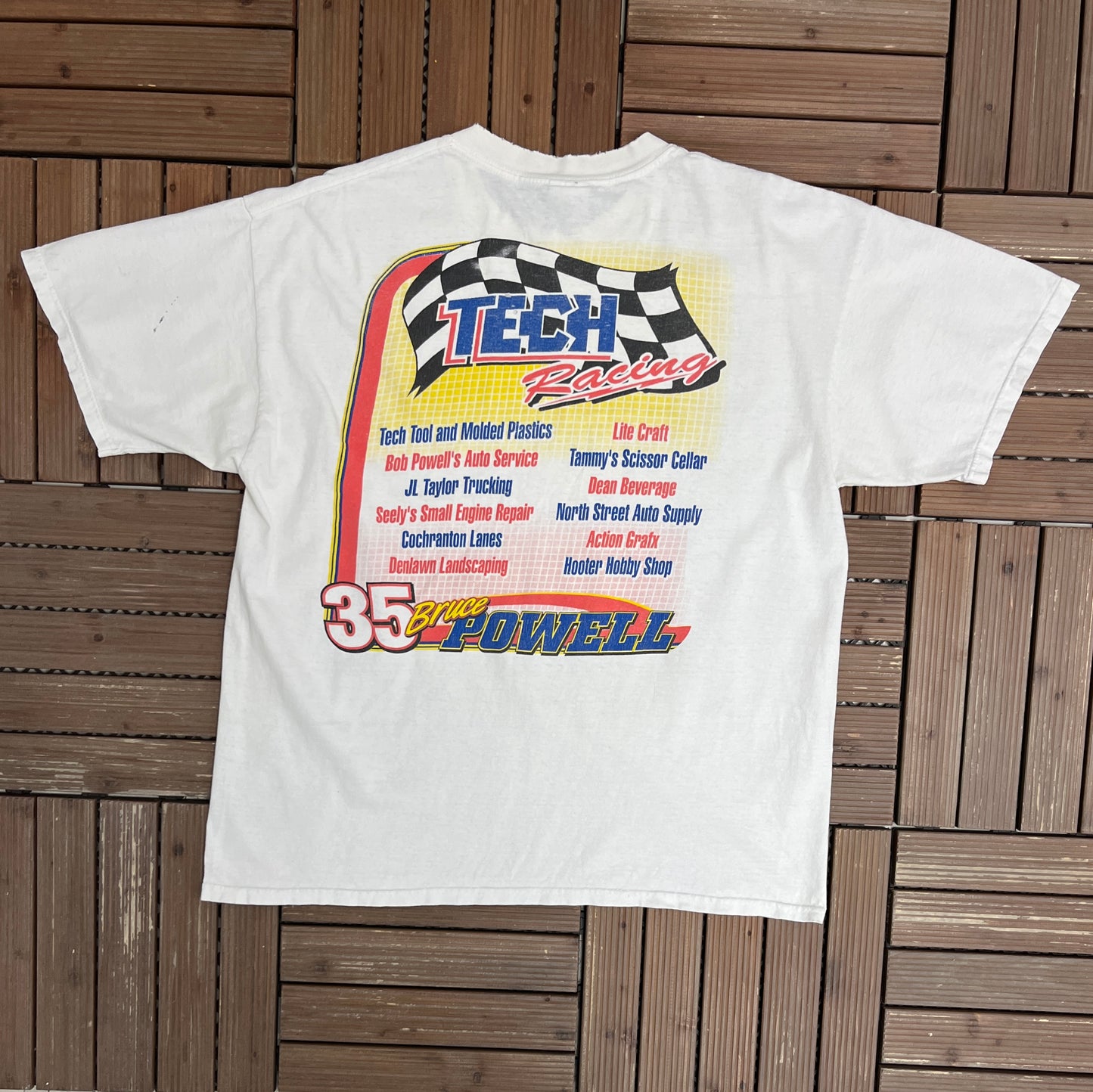 Bruce Powell Tech Racing Graphic Tee | Size X-Large | Vintage 2000s Racing White T-Shirt |