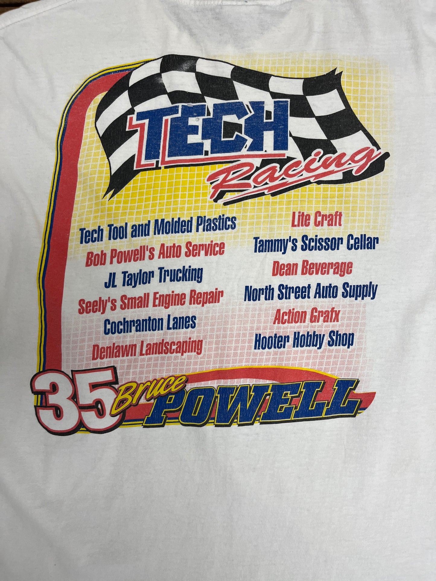 Bruce Powell Tech Racing Graphic Tee | Size X-Large | Vintage 2000s Racing White T-Shirt |