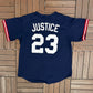 Atlanta Braves David Justice Baseball Jersey | Size Medium | Vintage 1990s MLB Baseball Blue Jersey |
