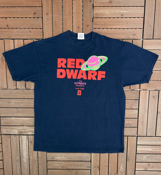 Red Dwarf The Ultimate Marathon Graphic Tee | Size X-Large | Vintage 1990s Television Series Blue T-Shirt |