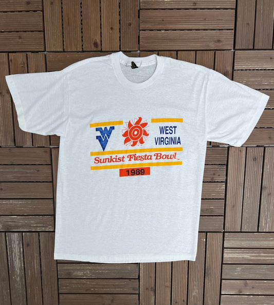 West Virginia Mountaineers Fiesta Bowl 1989 Graphic Tee | Size X-Large | Vintage 1980s College White T-Shirt |