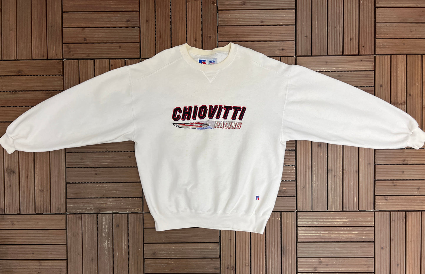 Chiovitti Racing Embroidered Graphic Crewneck | Size X-Large | Vintage 1990s Racing White Sweater |