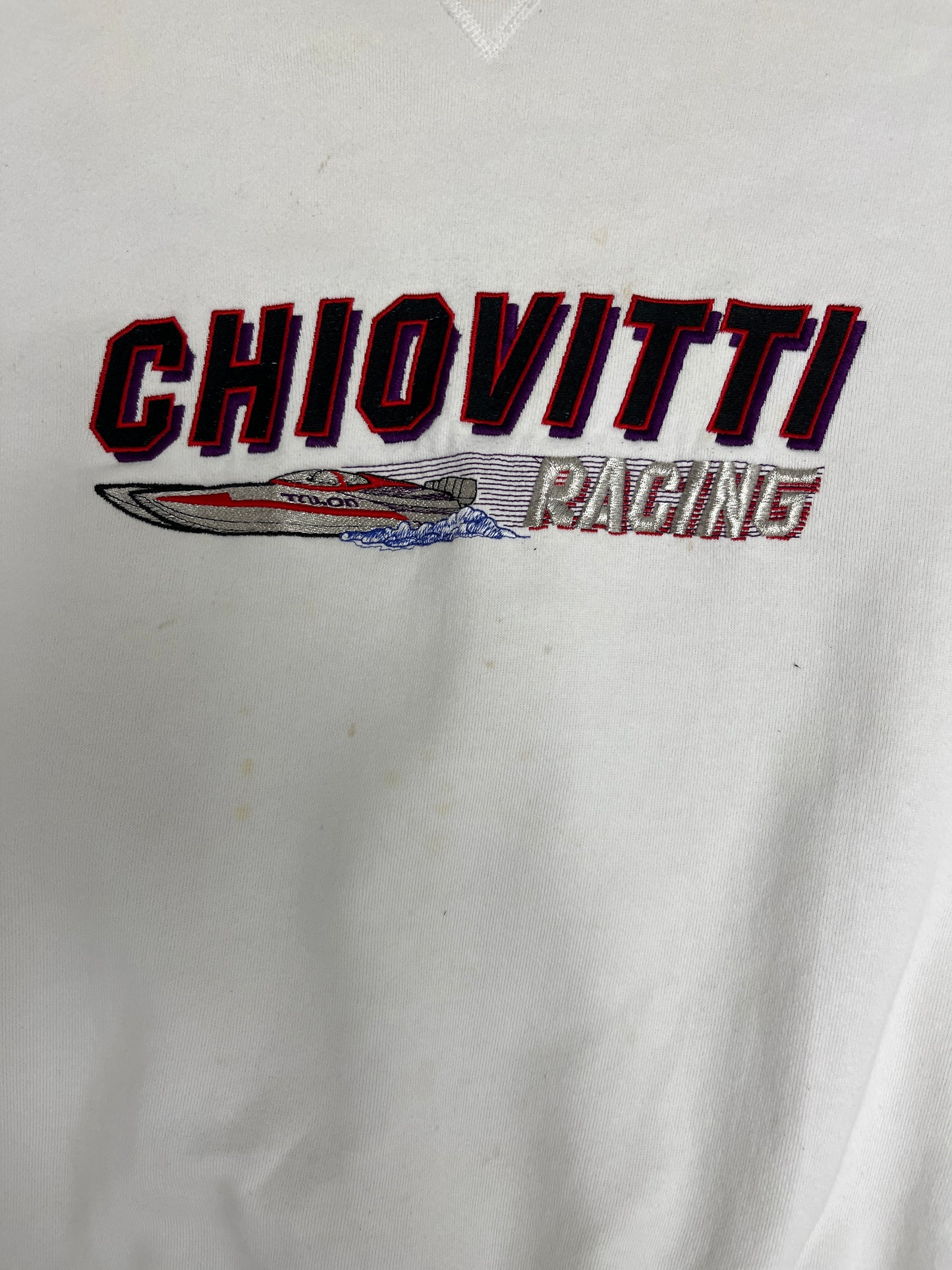 Chiovitti Racing Embroidered Graphic Crewneck | Size X-Large | Vintage 1990s Racing White Sweater |