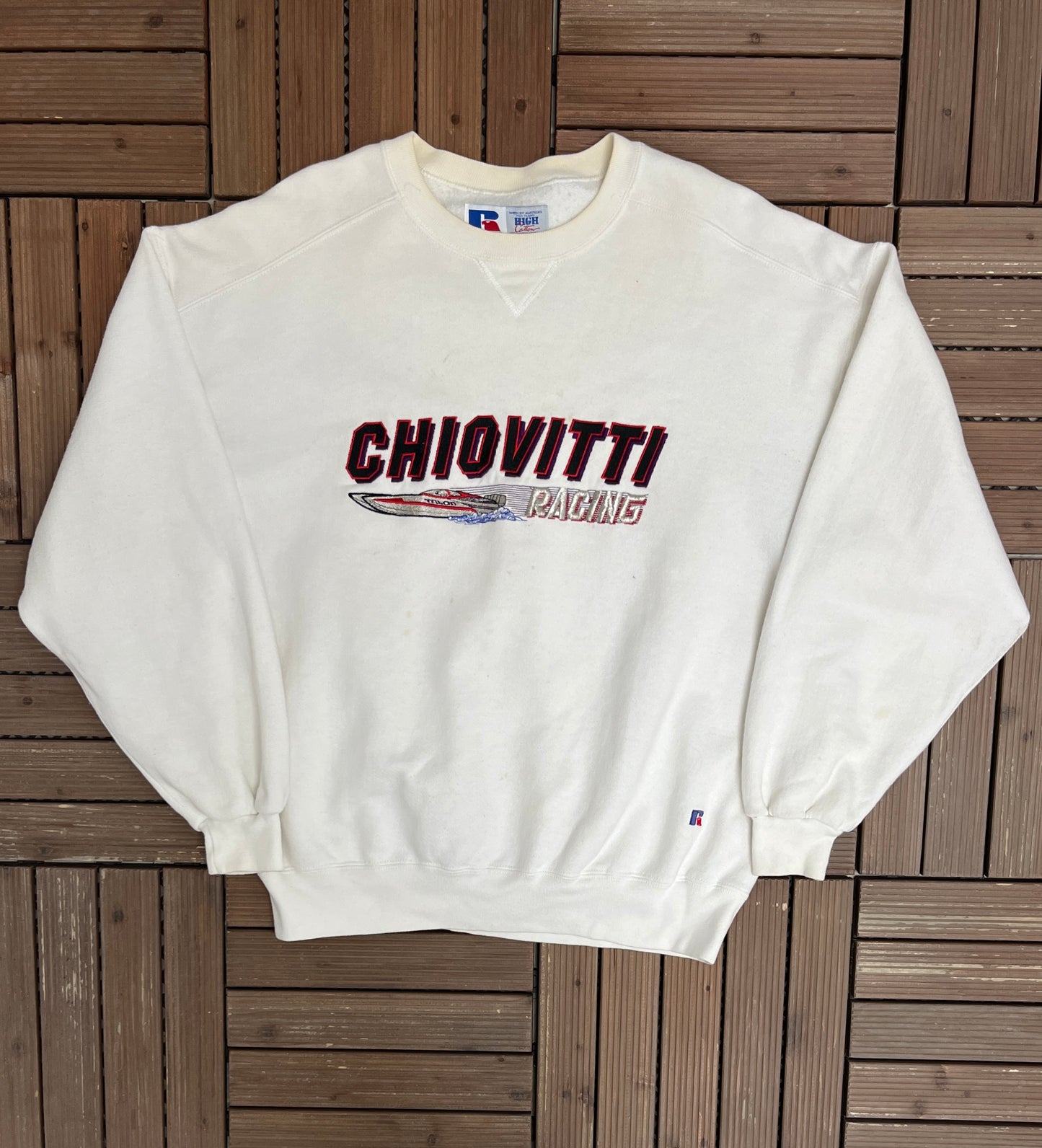 Chiovitti Racing Embroidered Graphic Crewneck | Size X-Large | Vintage 1990s Racing White Sweater |