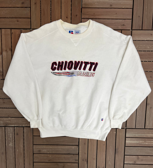 Chiovitti Racing Embroidered Graphic Crewneck | Size X-Large | Vintage 1990s Racing White Sweater |