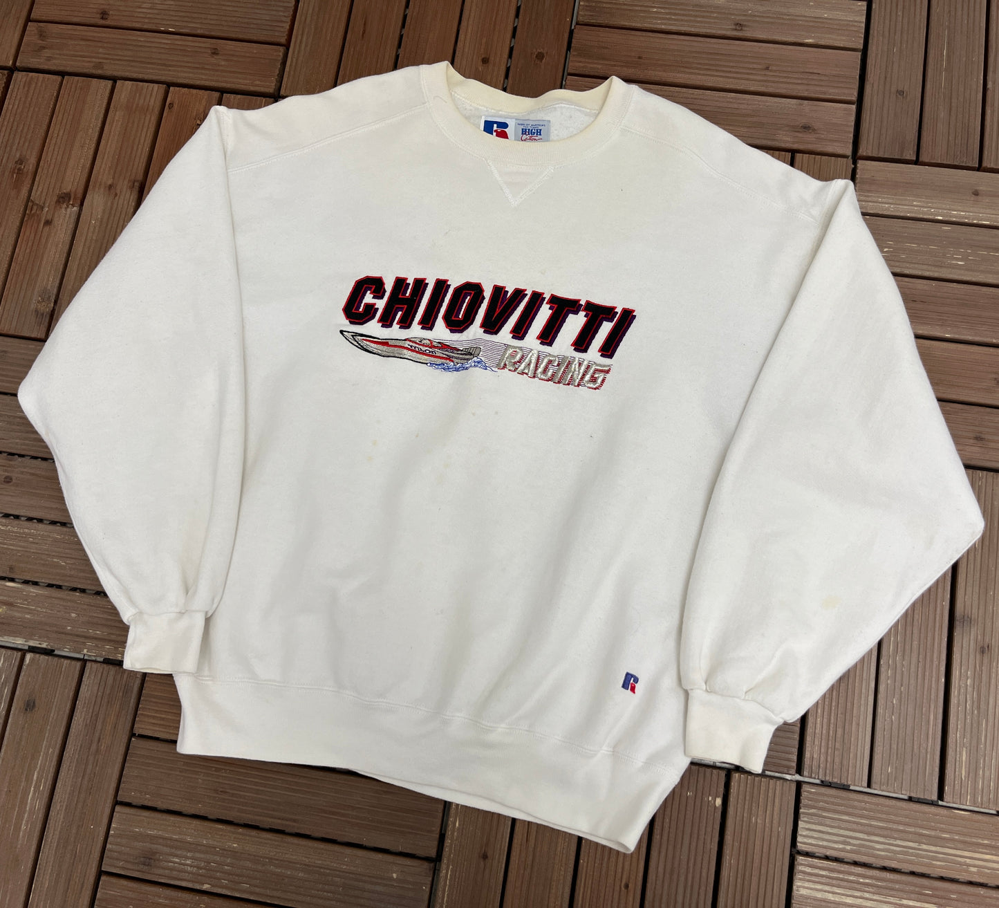 Chiovitti Racing Embroidered Graphic Crewneck | Size X-Large | Vintage 1990s Racing White Sweater |