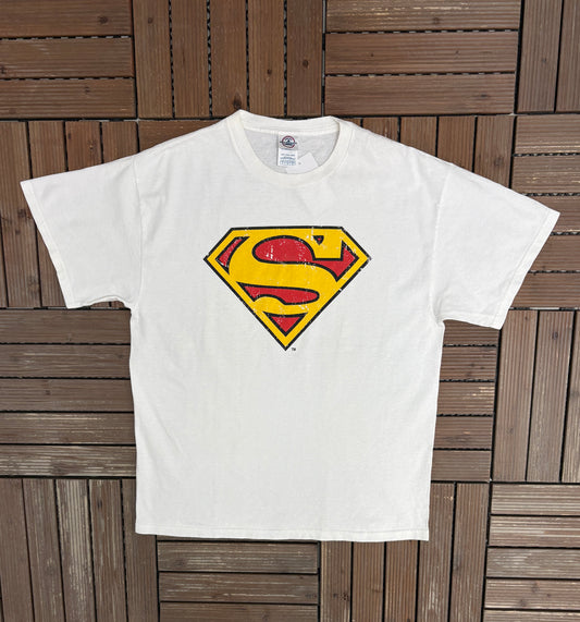 Superman Logo Graphic Tee | Size Large | Vintage 2000s White Superhero T-Shirt |