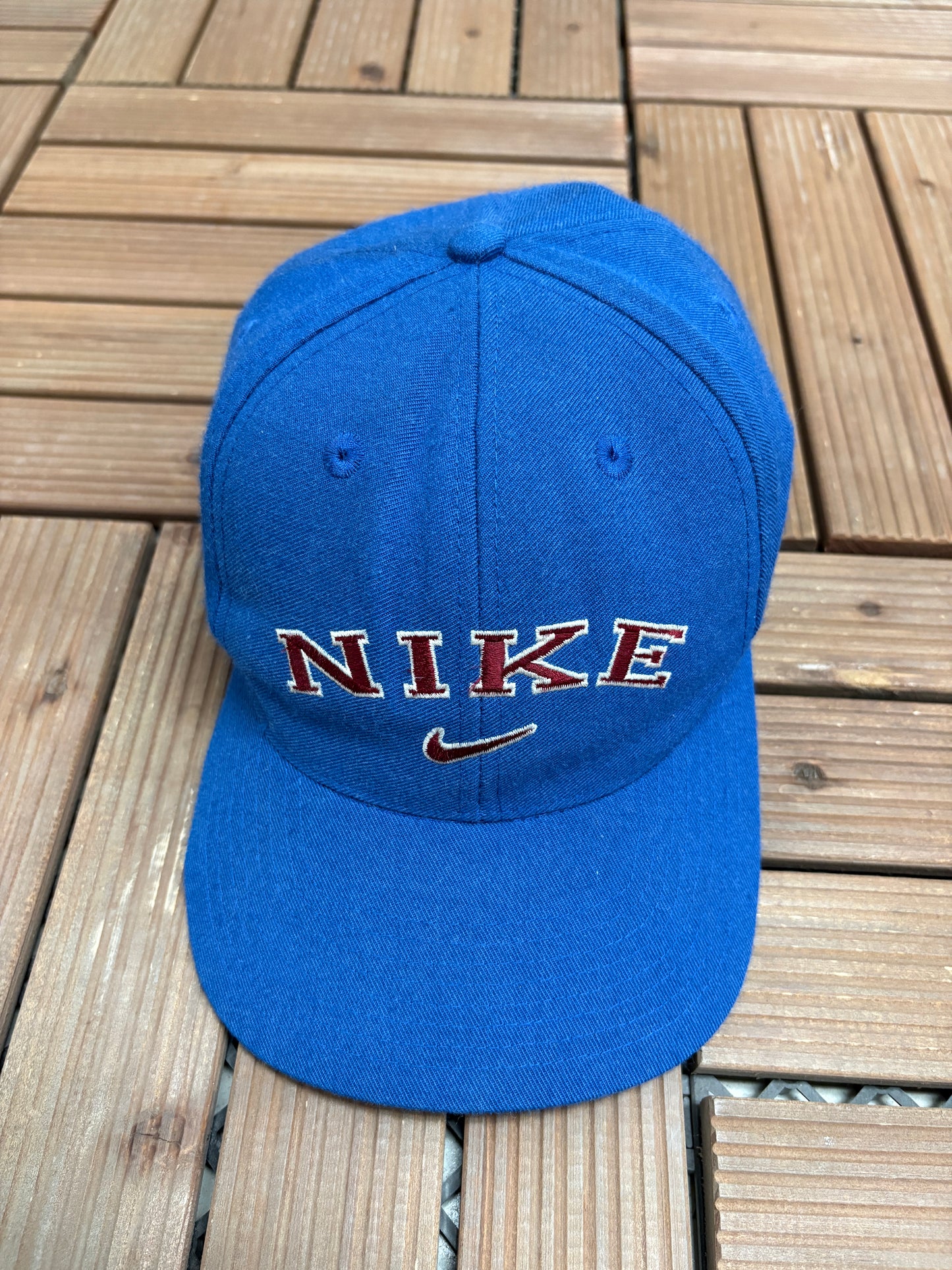 Nike Spell Out Embroidered Graphic Hat | Snap Back | Vintage 1990s Branded Blue Cap |